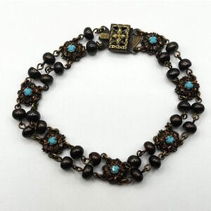 Liz Palacios SF Turquoise Crystal Double Strand Bracelet Brass Tone Victorian